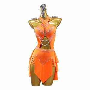 Custom size orange competition latin dance dresses for girls kids juvenile halter neck salsa rumba ballroom latin performance costumes for Children